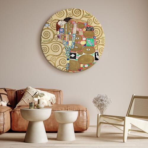 Rundt lærredsprint - The Fulfillment of Gustav Klimt - An Abstract Portrait of a Couple in an Embrac