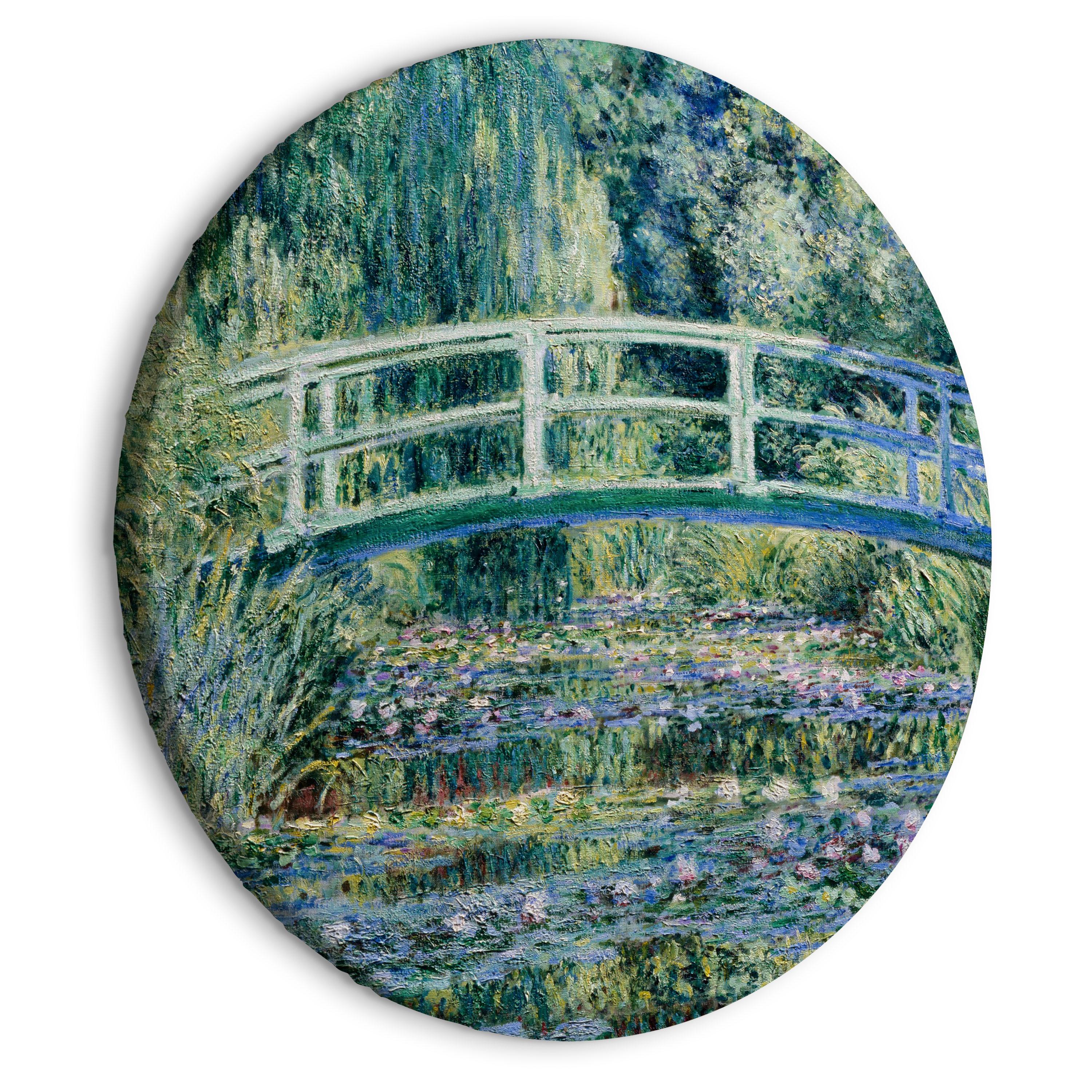 Rundt lærredsprint - Japanese Bridge at Giverny Claude Monet - Spring Landscape of a Forest With a R