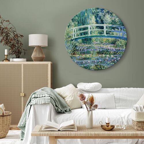 Rundt lærredsprint - Japanese Bridge at Giverny Claude Monet - Spring Landscape of a Forest With a R