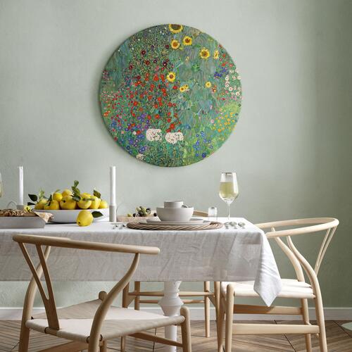 Rundt lærredsprint - Country Garden With Sunflowers, Gustav Klimt - Multi-Colored Flowers
