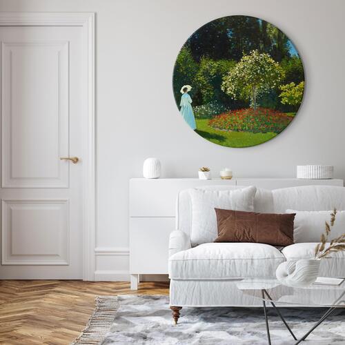 Rundt lærredsprint - Woman in the Garden by Claude Monet - A Landscape of Vegetation in Spring