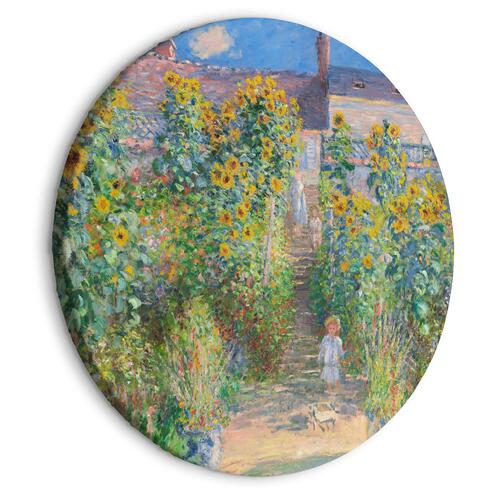 Rundt lærredsprint - Claude Monets Garden at Vétheuil - Farmhouse With Sunflowers