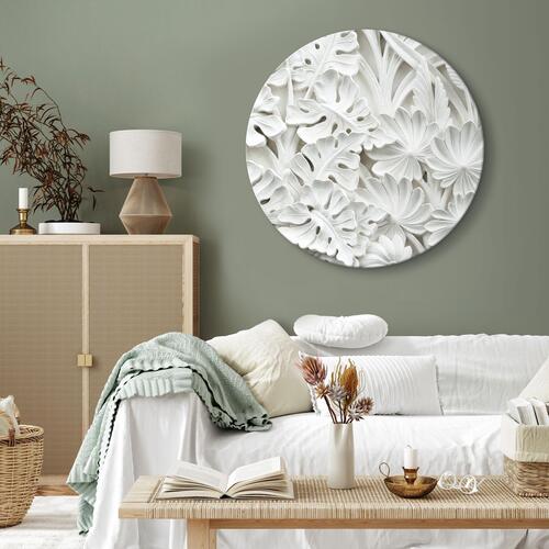 Rundt lærredsprint - Carved Nature - Pattern With White Leaves Made of Stone
