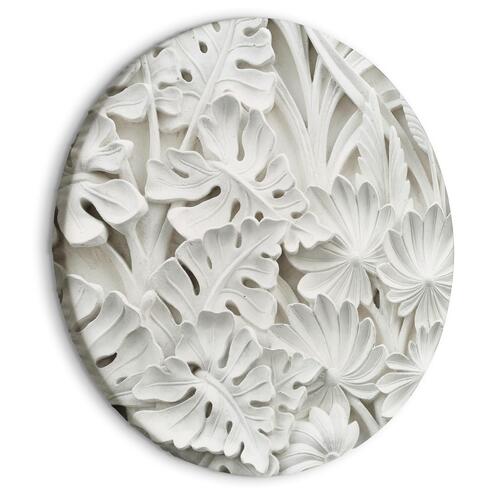 Rundt lærredsprint - Carved Nature - Pattern With White Leaves Made of Stone