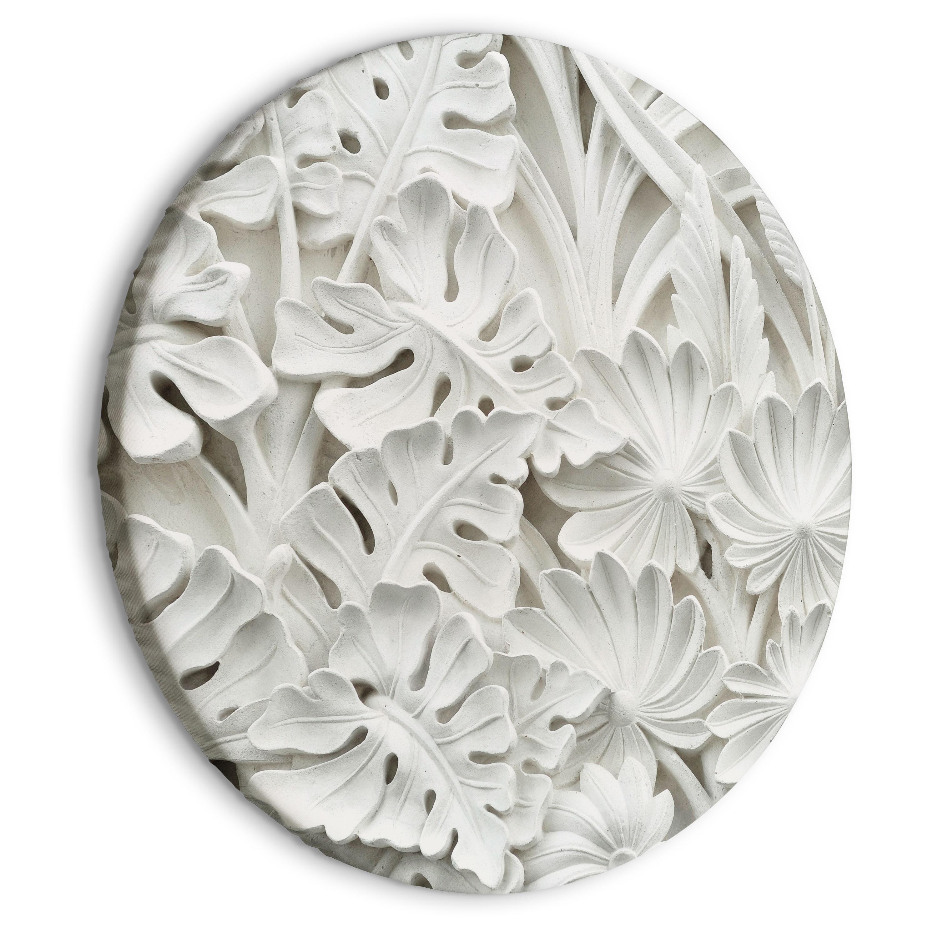 Rundt lærredsprint - Carved Nature - Pattern With White Leaves Made of Stone - 60 x 60 cm