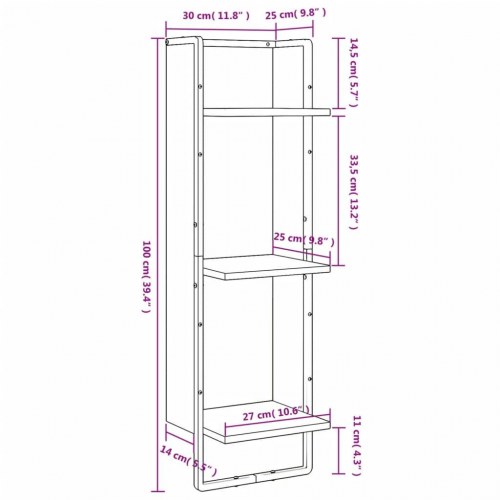 Vægreol med 3 hylder 30×25×100 cm - grå sonoma-eg