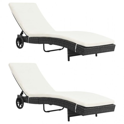 Liggestole 2 stk. med hjul og hynder polyrattan sort