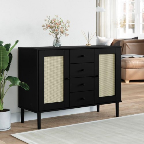Skænk SENJA 112×40×80 cm i sort - rattan-look og massivt fyrretræ