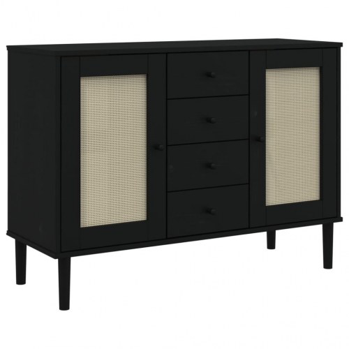 Skænk SENJA 112×40×80 cm i sort - rattan-look og massivt fyrretræ