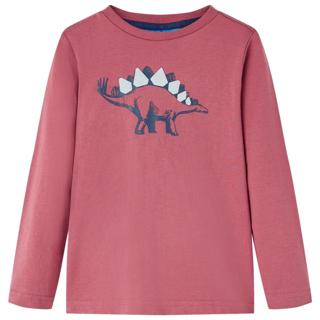 Langærmet T-shirt til børn str. 104 - mørkerød med dinosaur billede