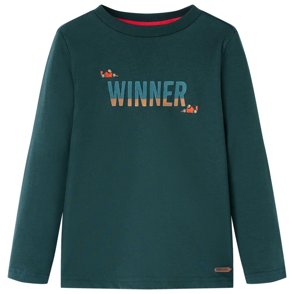 Langærmet T-shirt til børn str. 116 - mørkegrøn med WINNER-print billede