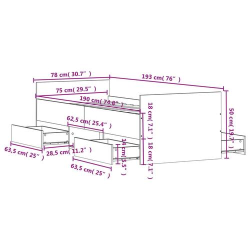 Sengeramme med sengegavl og fodgærde 75x190 cm betongrå