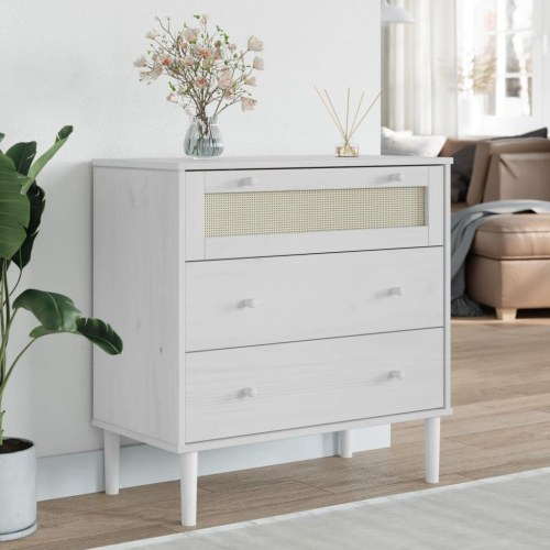 Kommode SENJA i massivt fyrretræ med rattanlook - 80×40×80 cm, hvid