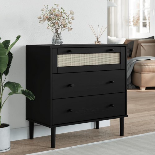 Kommode SENJA i massivt fyrretræ med rattanlook - 80×40×80 cm, sort