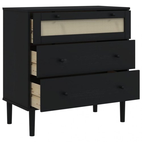 Kommode SENJA i massivt fyrretræ med rattanlook - 80×40×80 cm, sort