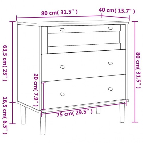 Kommode SENJA i massivt fyrretræ med rattanlook - 80×40×80 cm, sort
