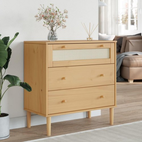 Kommode SENJA i massivt fyr med rattanlook, 80×40×80 cm - brun