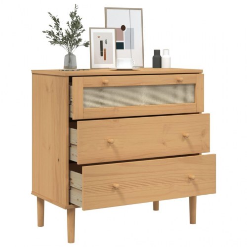 Kommode SENJA i massivt fyr med rattanlook, 80×40×80 cm - brun