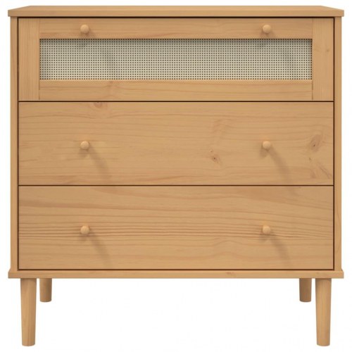 Kommode SENJA i massivt fyr med rattanlook, 80×40×80 cm - brun