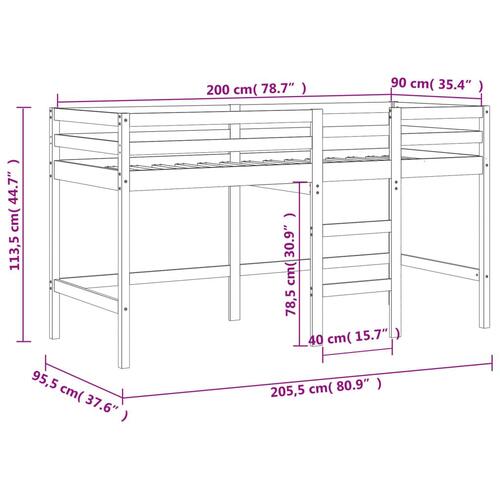 Højseng med stige 90x200 cm massivt fyrretræ sort
