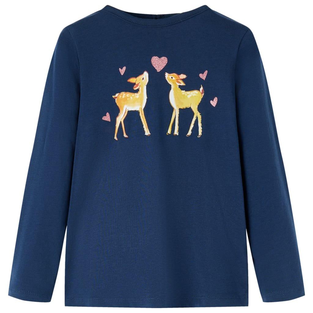 Langærmet T-shirt til børn - str. 116, marineblå med rådyr billede