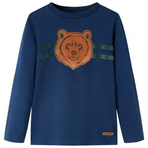 Langærmet børne-T-shirt med bjørneprint str. 92 - marineblå