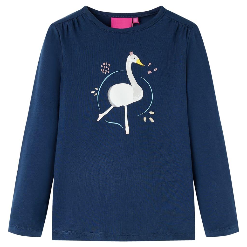 Langærmet T-shirt til børn - str. 116, marineblå med svaneprint billede