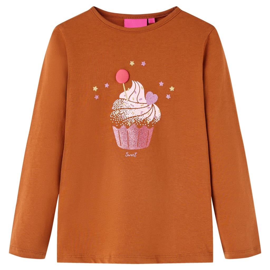 Langærmet T-shirt til børn str. 116 - cognacfarvet med cupcake-print billede