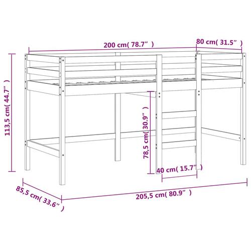 Højseng med stige 80x200 cm massivt fyrretræ sort