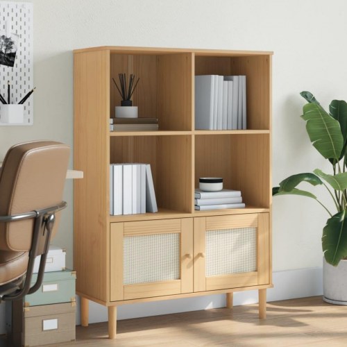 Bogreol SENJA med rattanlook - 90×35×130 cm i massivt fyrretræ, brun
