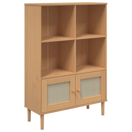 Bogreol SENJA med rattanlook - 90×35×130 cm i massivt fyrretræ, brun
