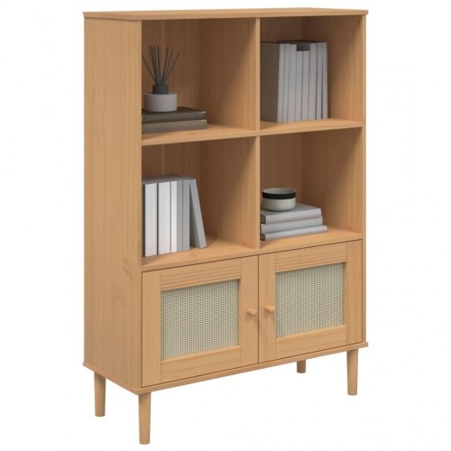 Bogreol SENJA med rattanlook - 90×35×130 cm i massivt fyrretræ, brun
