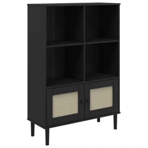 Bogreol SENJA i rattanlook - 90×35×130 cm, massivt fyrretræ, sort