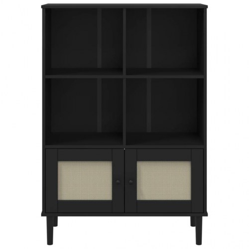 Bogreol SENJA i rattanlook - 90×35×130 cm, massivt fyrretræ, sort