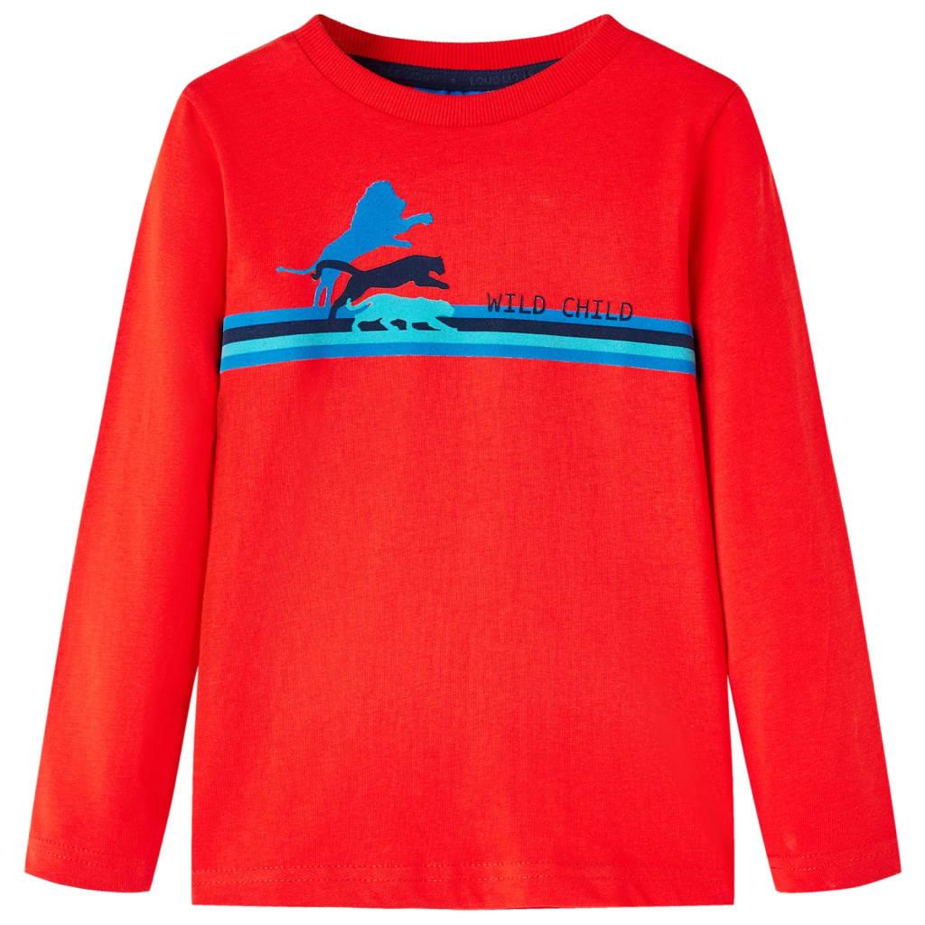 Langærmet T-shirt til børn - rød, str. 104 med vilde dyr billede