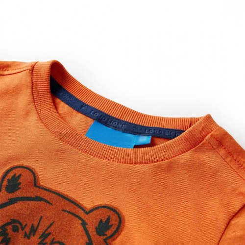 Langærmet børne-T-shirt med bjørneprint str. 104 - mørk orange