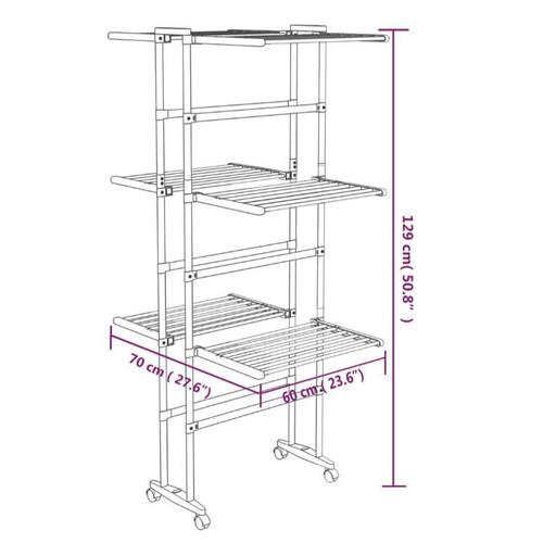 Tørrestativ 3 niveauer med hjul 60x70x129 cm sølvfarvet