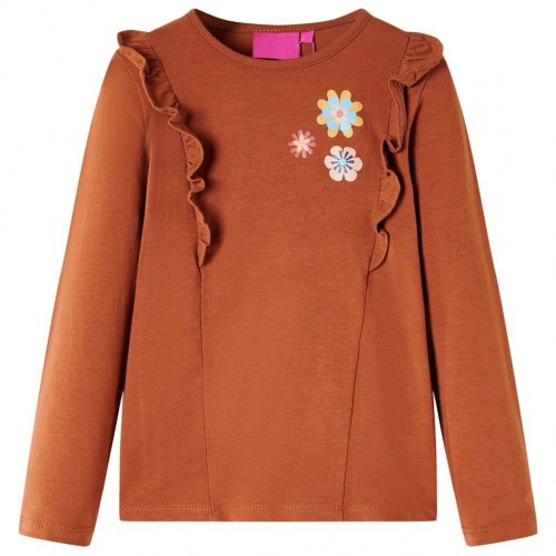 Langærmet T-shirt til børn str. 92 cognacfarvet