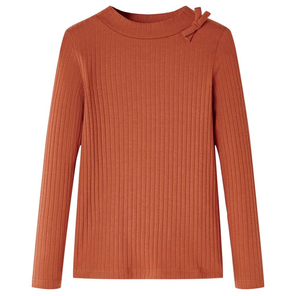 Langærmet T-shirt til børn - str. 116, cognacfarvet, rund hals med sløjfe billede