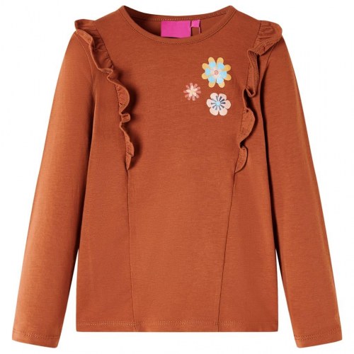 Langærmet T-shirt til børn - str. 128, cognacfarvet med flæser og blomster