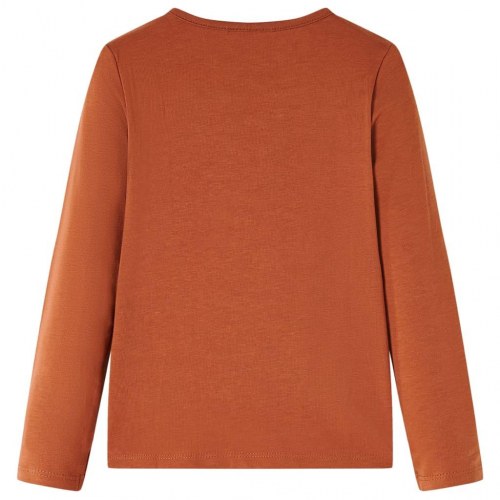 Langærmet T-shirt til børn - str. 128, cognacfarvet med flæser og blomster