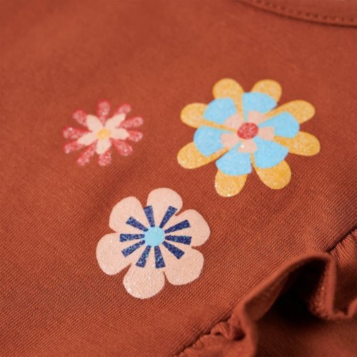 Langærmet T-shirt til børn - str. 128, cognacfarvet med flæser og blomster