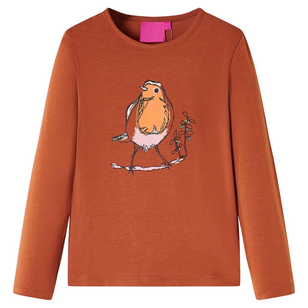 Langærmet T-shirt til børn str. 116 - cognacfarvet med fugleprint billede