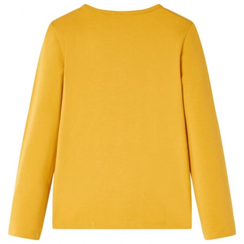Langærmet T-shirt til børn - str. 116, okkergul med flæser og blomster