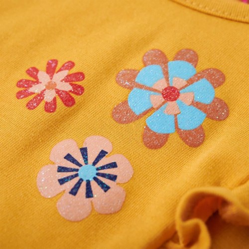 Langærmet T-shirt til børn - str. 116, okkergul med flæser og blomster