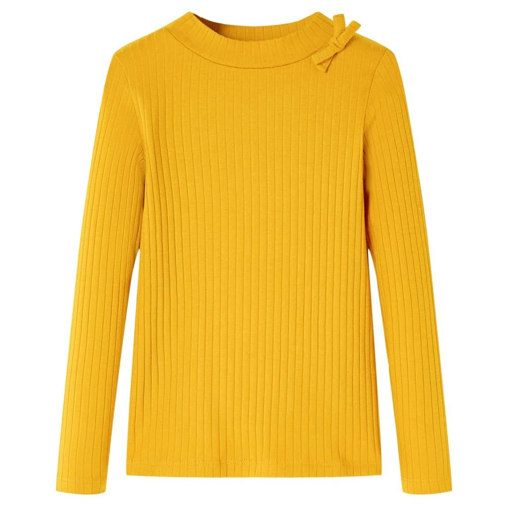 Langærmet T-shirt til børn str. 116 - okkergul med sløjfe billede