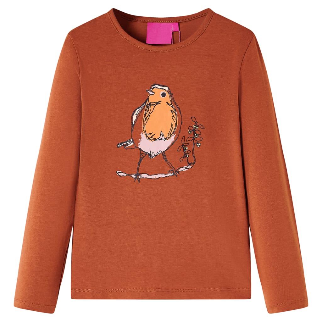 Langærmet T-shirt til børn str. 104 - cognacfarvet med fugleprint billede