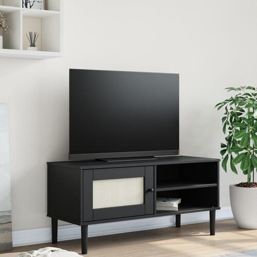 Tv-bord SENJA 106x40x49 cm rattan-look massivt fyrretræ sort