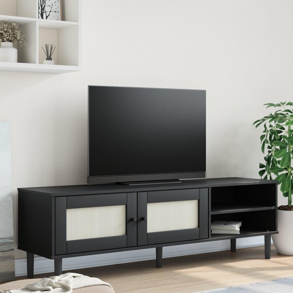 TV-bord SENJA 158 x 40 x 49 cm i massivt fyrretræ med rattan-look - sort