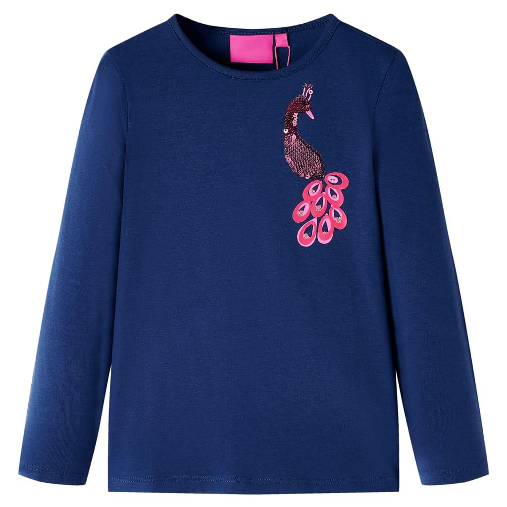 Langærmet T-shirt til børn - str. 116, marineblå med påfugl billede